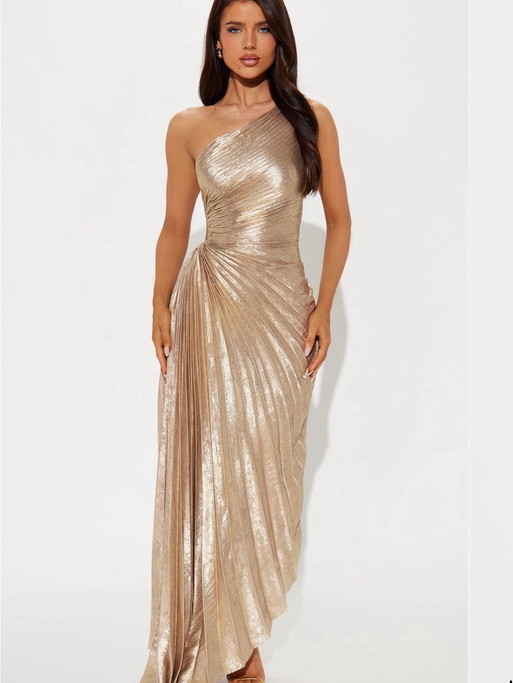 Fashion Nova One-Shoulder Metallic Gold Gown